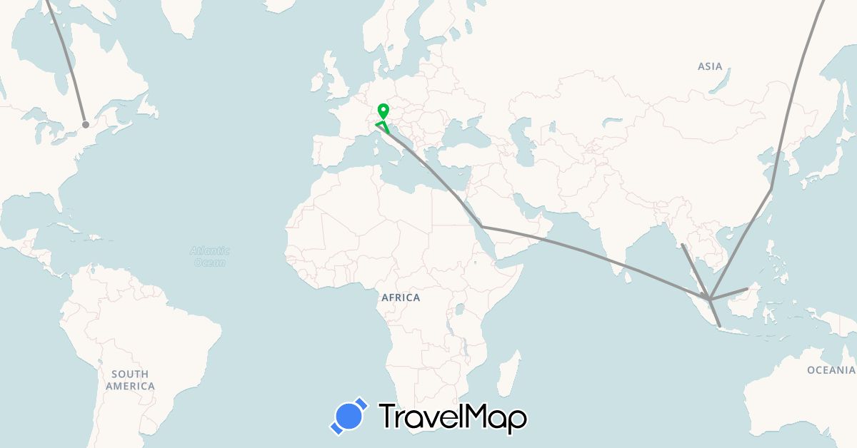 TravelMap itinerary: driving, bus, plane in Brunei, Canada, China, Indonesia, Italy, Myanmar (Burma), Malaysia, Saudi Arabia, Singapore, San Marino (Asia, Europe, North America)